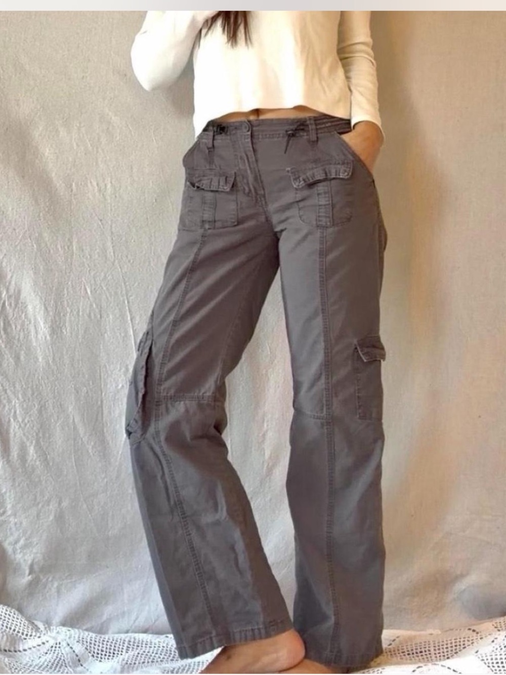 Brandy Melville Y2K Kim Cargo Pants Womens Grey Drawcord Waist Low Rise Cotton